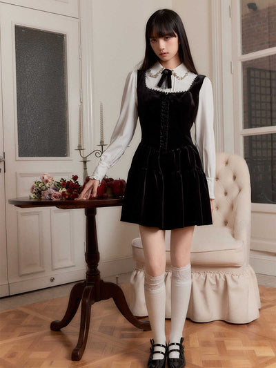 Princess Style Velvet Overall Black Dress/White Shirt FRA0255