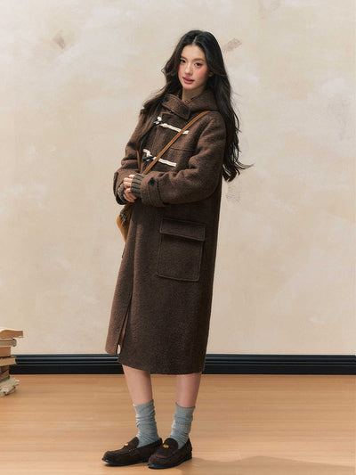 Retro Brown Hooded Horn Button Long Woolen Coat SHI0111