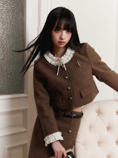 Cocoa Brown Retro Houndstooth Short Jacket/Skirt FRA0258