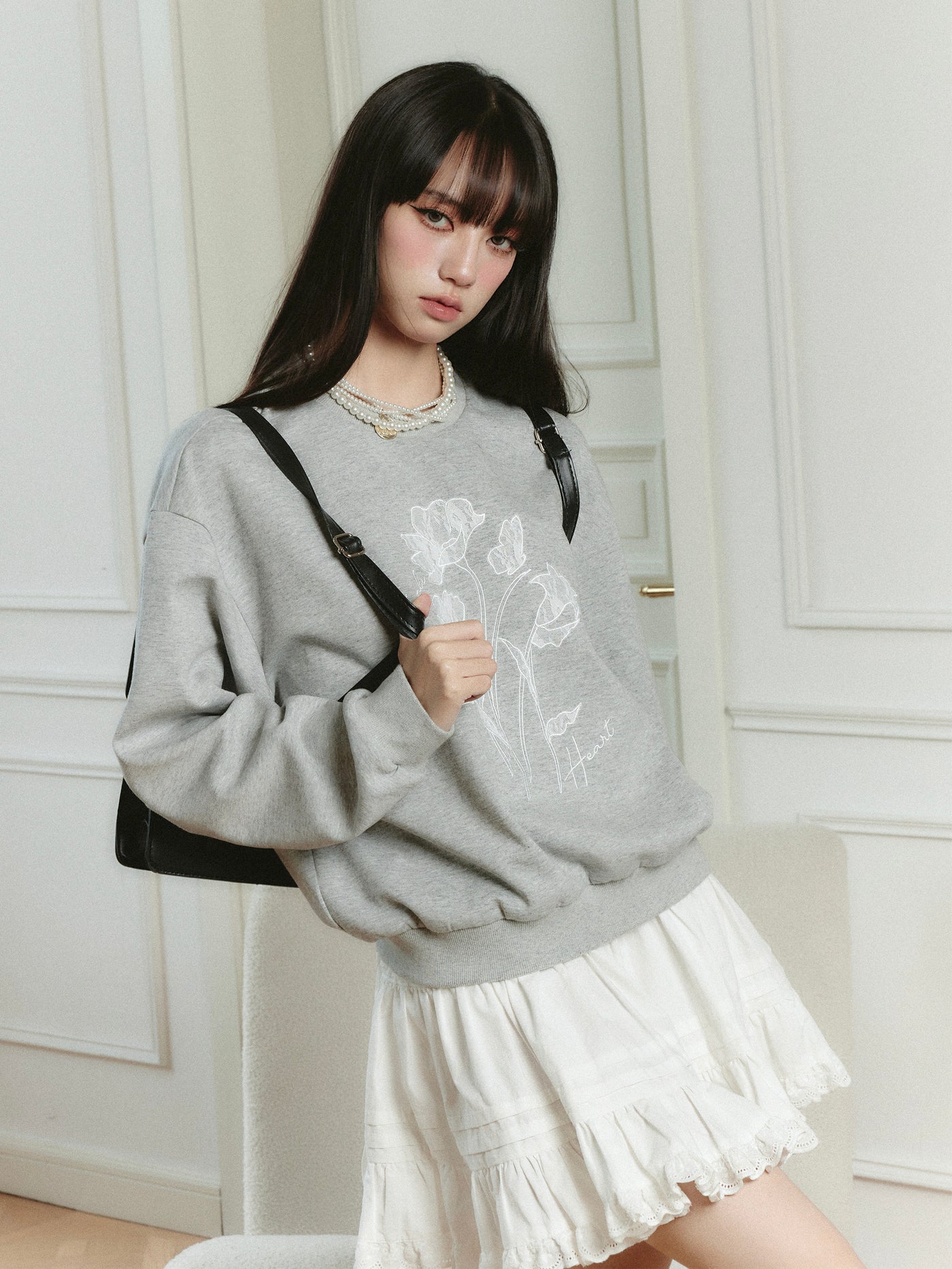 American Graffiti Lazy Gray Round Neck Long Sleeve Sweatshirt/Skirt FRA0204