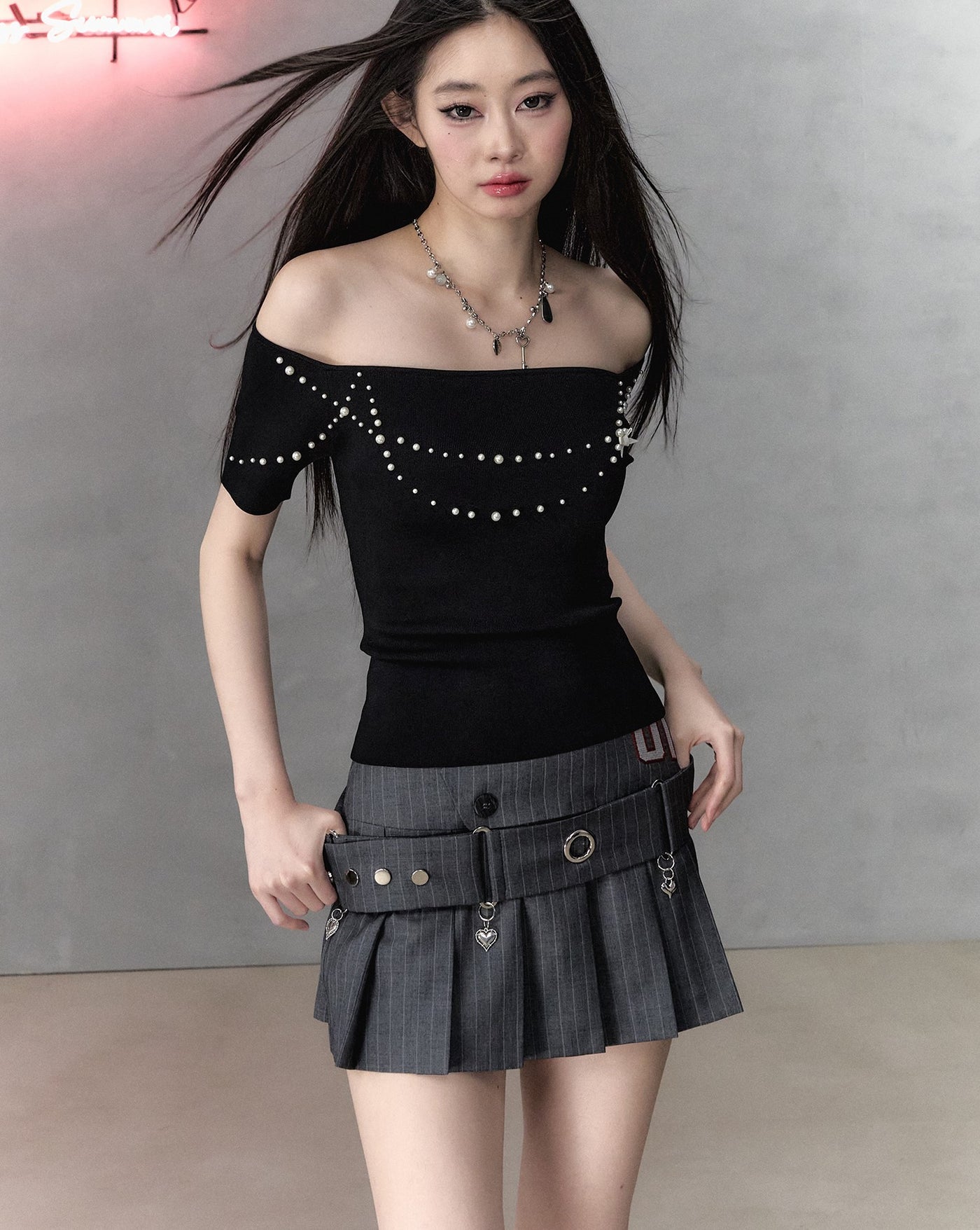 All-match Slim Casual Pleated Short Skirt/Belt VIA0130