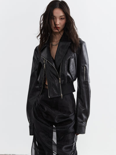 Deconstructed Cut-out Leather High-rise Biker Short Jacket JNY0114