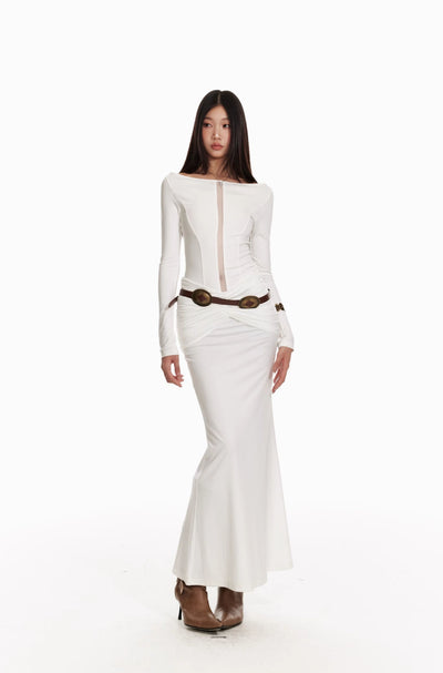 White Church Style Pleated Waist Slim Long Dress/Shawl 4MU0063