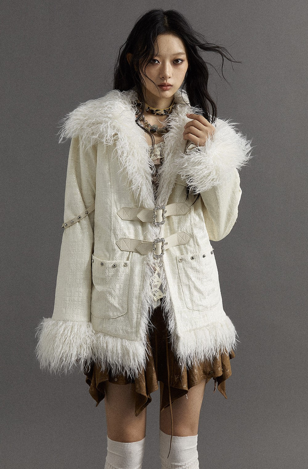 Romantic White Lapel Stitching Long Fur Jacket NOR0105