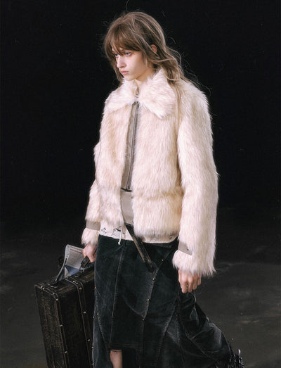 Smudged Leather Eco-friendly Fur Lapel Detachable Hem Coat CES0114