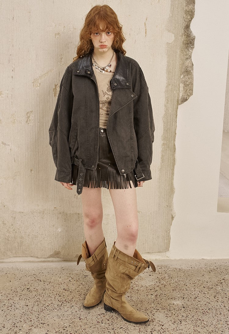 Leather Collar Stitching Denim Retro Jacket DID0222