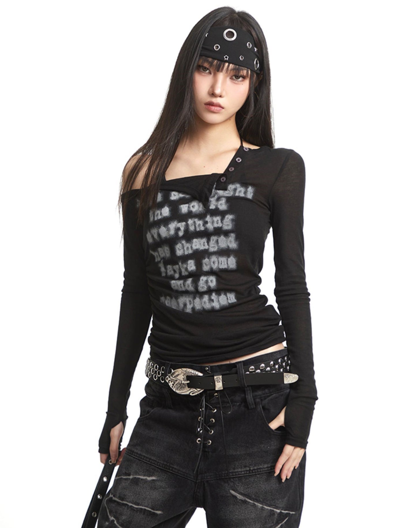 One Shoulder Letter Print T-shirt UNC0263