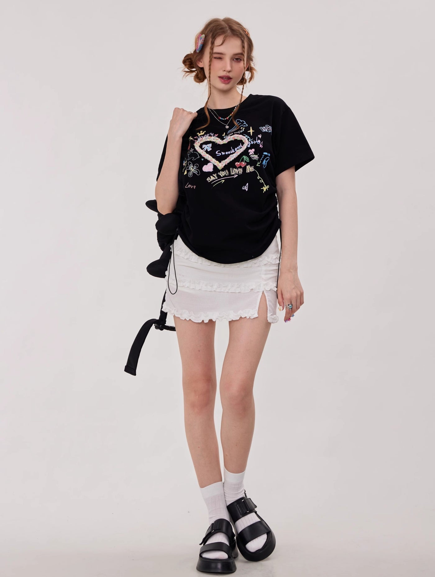 Drawstring Round Neck Three-dimensional Love Print Short-sleeved T-shirt ZIZ0116