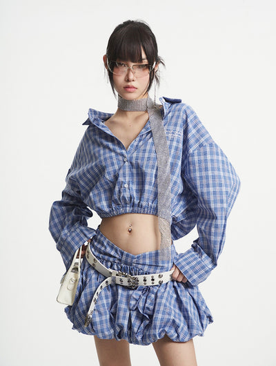Blue Plaid Short Shirt/Puffy Short Skirt UNC0251