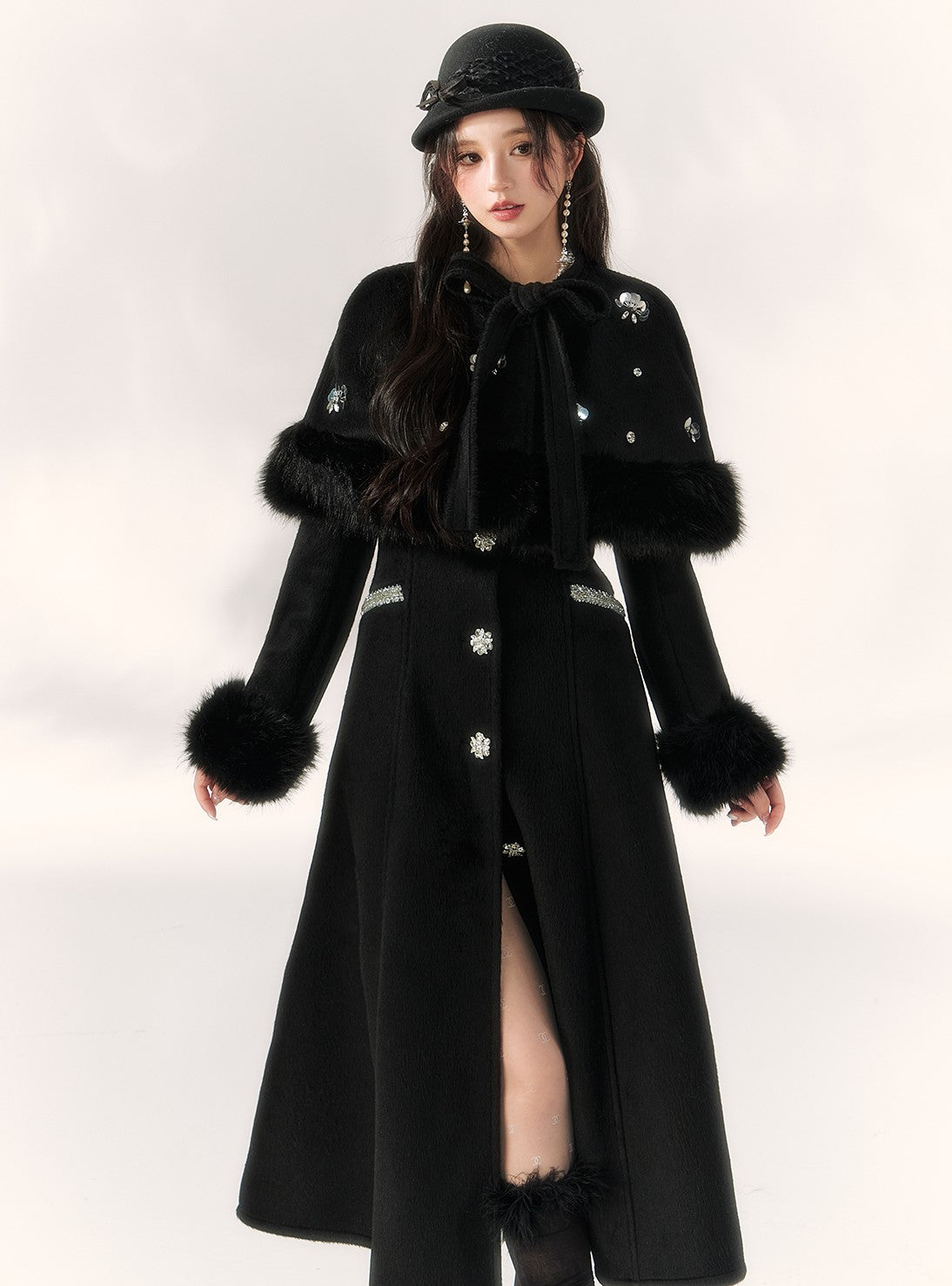 Decorated Lady Beaded Cape Long Coat BBB0090