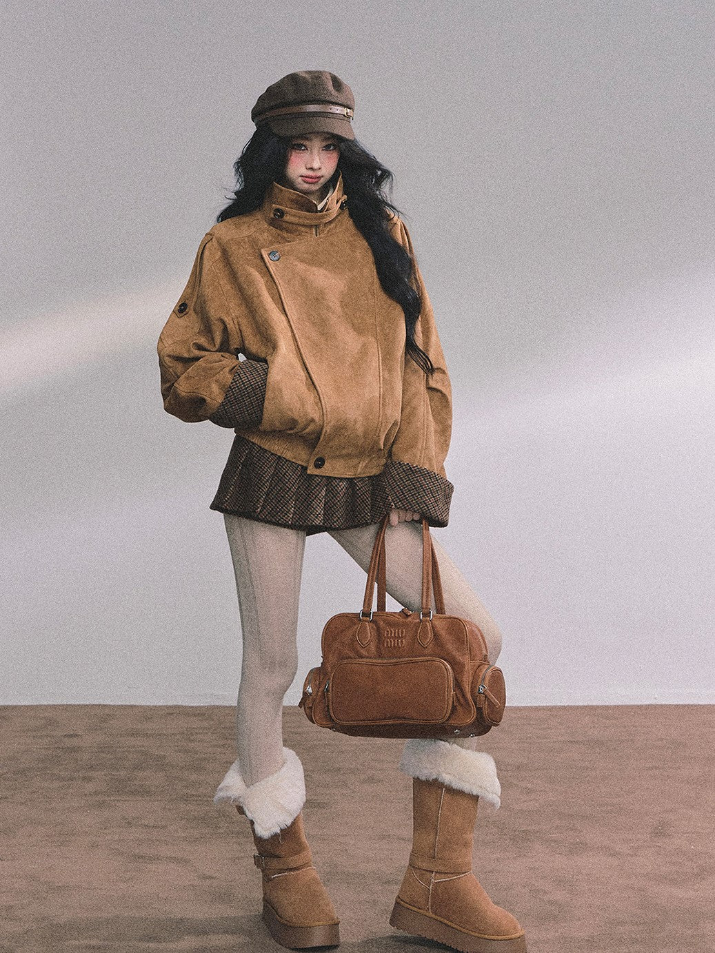 Hazelnut Velvet Suede Jacket/Pleated Skirt DIA0604