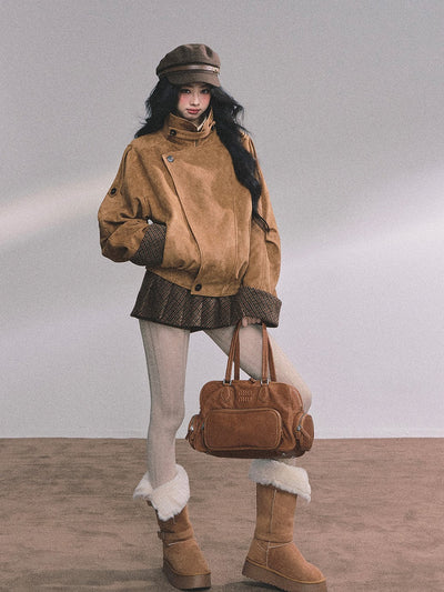 Hazelnut Velvet Suede Jacket/Pleated Skirt DIA0604
