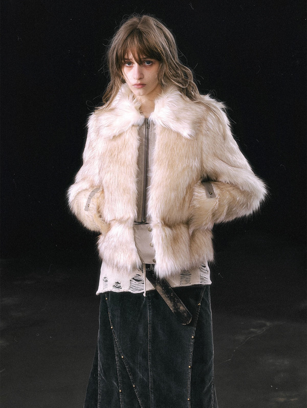 Smudged Leather Eco-friendly Fur Lapel Detachable Hem Coat CES0114