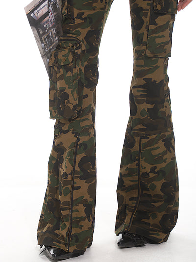 Multi-Pocket Tactical Camouflage Slim Flared Low-Rise Pants UNC0136