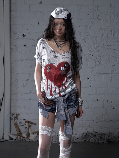 Casual Print Large Neckline Loose T-shirt NOR0176
