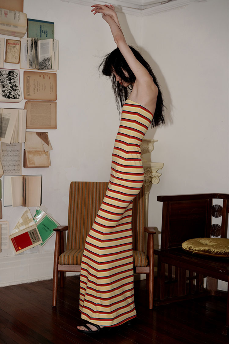 Embroidery Striped Knitted Tube Top Long Dress BAD0008