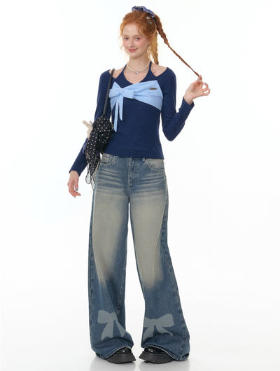 Bow High Waist Wide Leg Jeans ZIZ0304