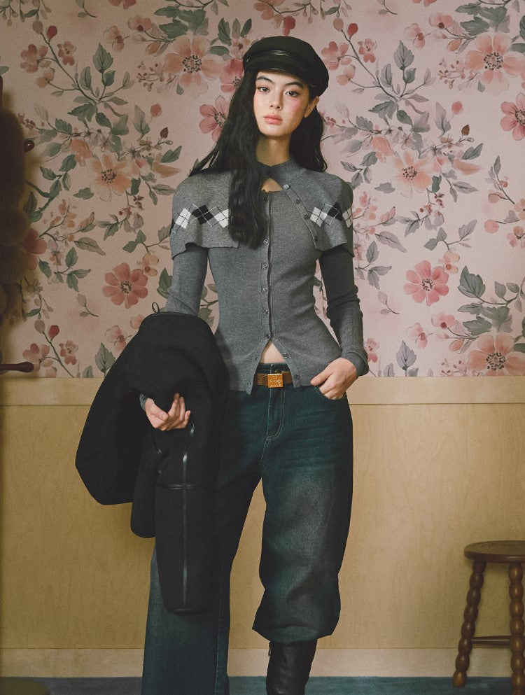 Argyle Design Long-Sleeved Knitted Cardigan LAL0230