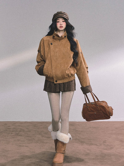 Hazelnut Velvet Suede Jacket/Pleated Skirt DIA0604