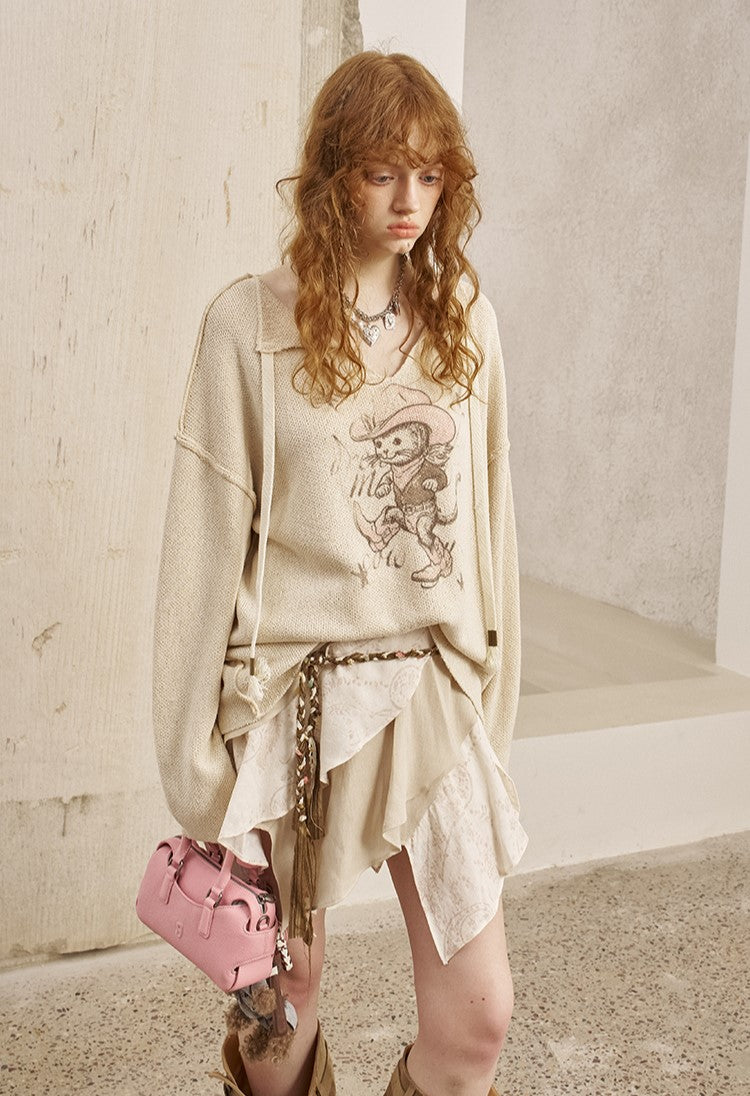 Cat Print V-neck Loose Sweater DID0254