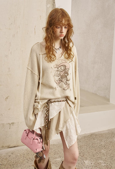 Cat Print V-neck Loose Sweater DID0254
