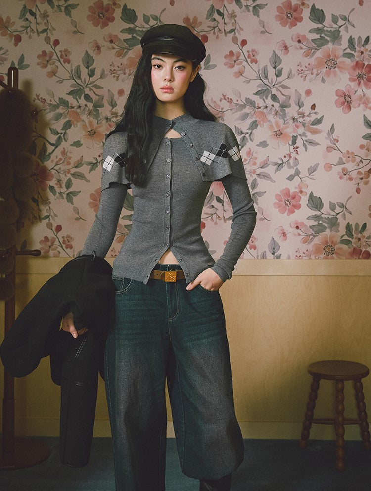 Argyle Design Long-Sleeved Knitted Cardigan LAL0230