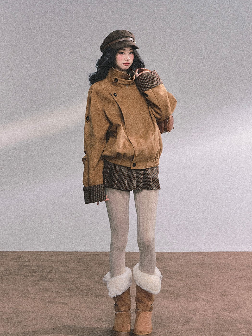 Hazelnut Velvet Suede Jacket/Pleated Skirt DIA0604