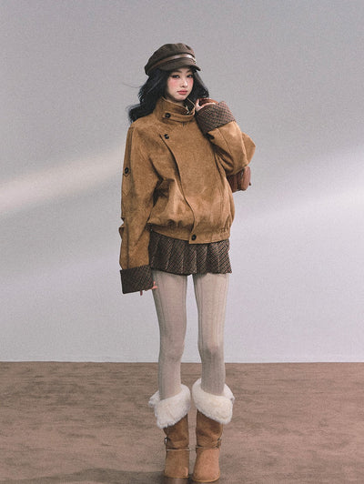 Hazelnut Velvet Suede Jacket/Pleated Skirt DIA0604