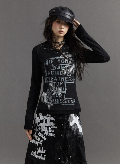 Retro Punk Street Print Hooded Slim Fake Two-piece Top NOR0116