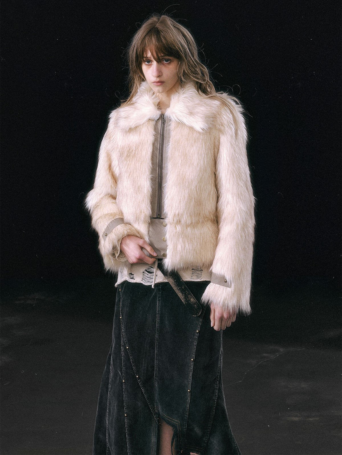 Smudged Leather Eco-friendly Fur Lapel Detachable Hem Coat CES0114