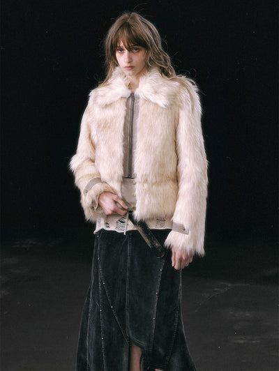 Smudged Leather Eco-friendly Fur Lapel Detachable Hem Coat CES0114