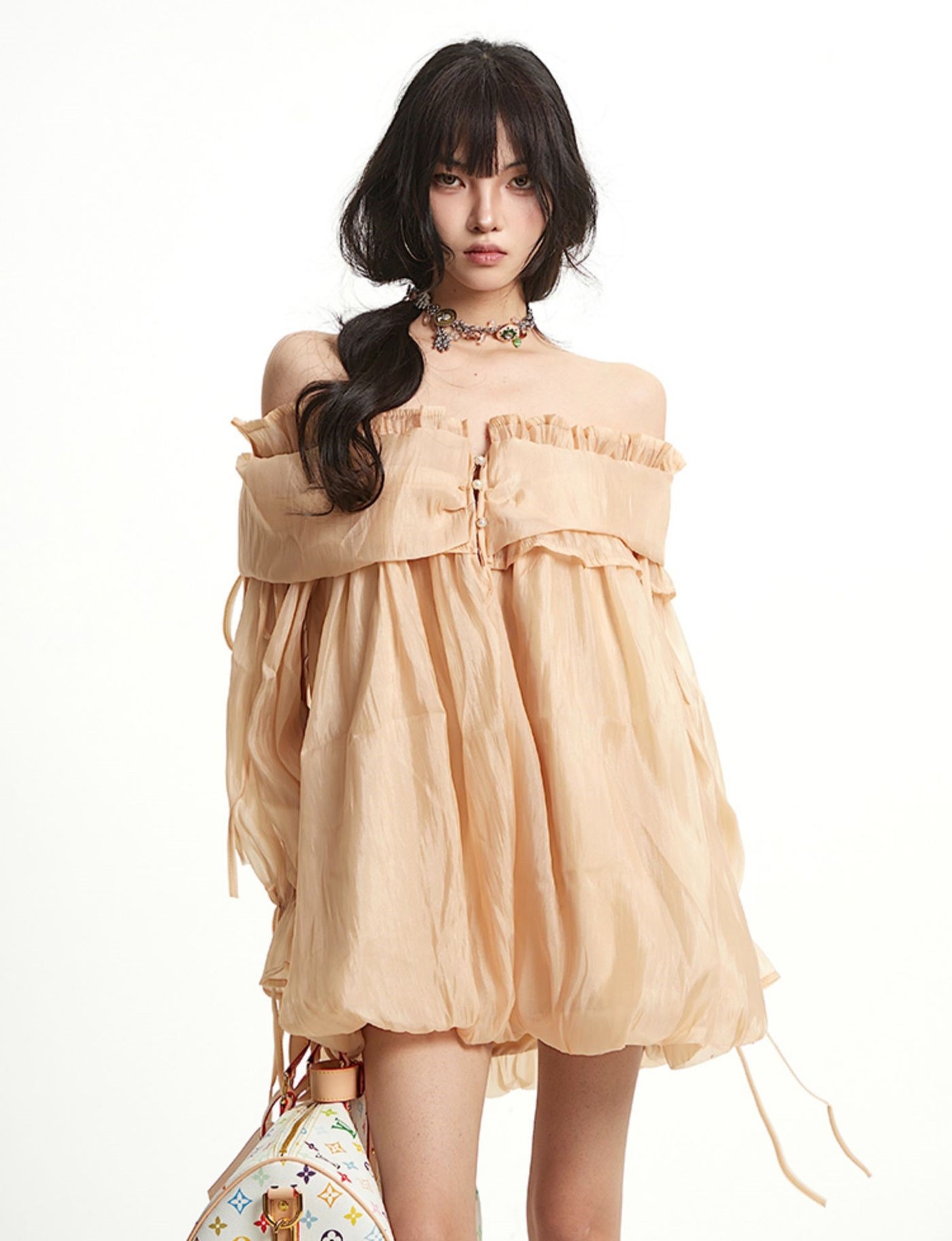 One-shoulder Ruffled Mesh Dress UNC0260
