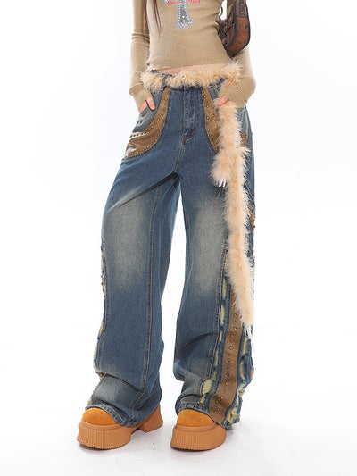 Retro Deconstructed Leather Washed Design Wide-leg Jeans UNC0188