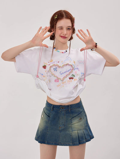 Drawstring Round Neck Three-dimensional Love Print Short-sleeved T-shirt ZIZ0116