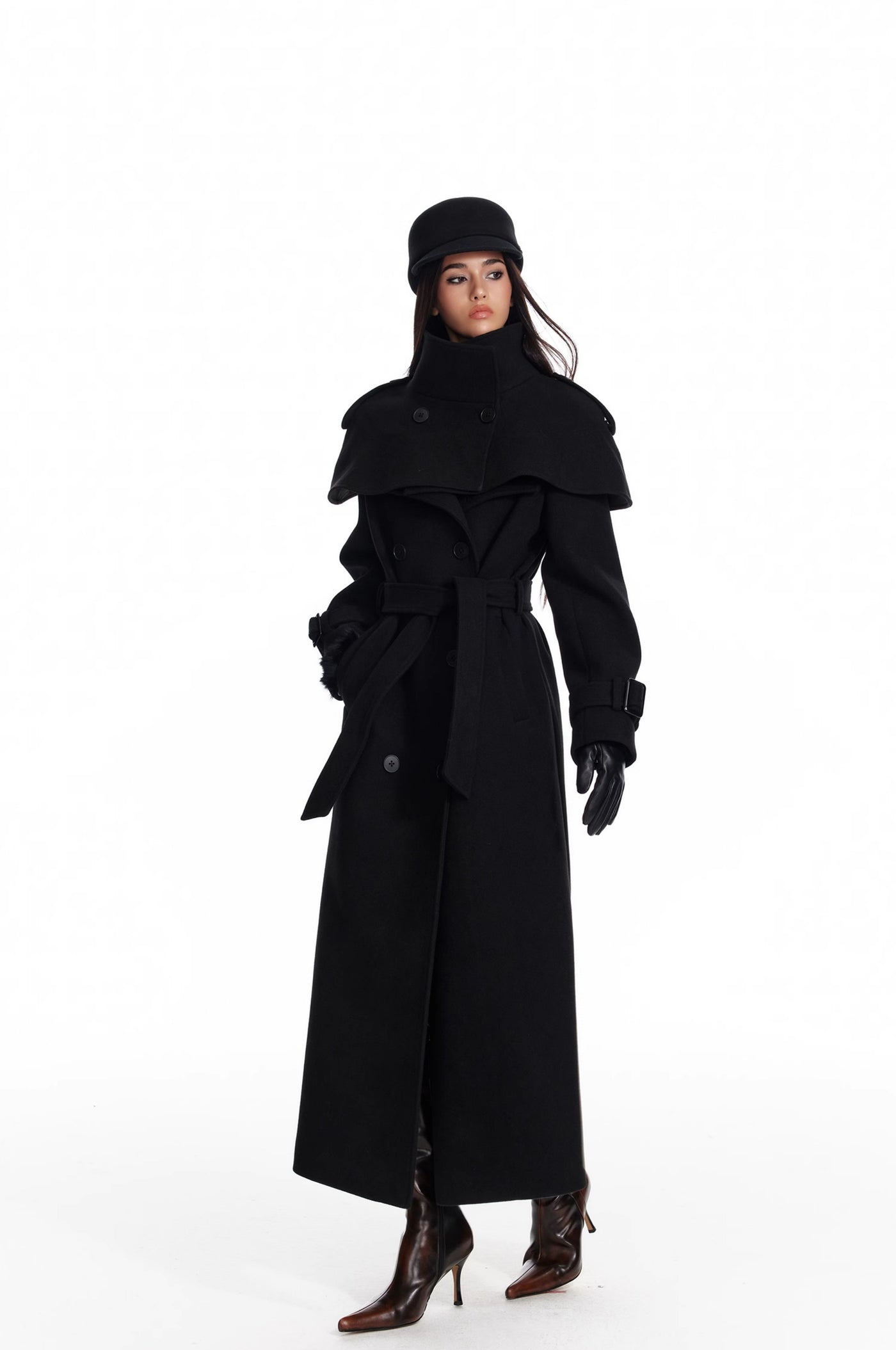 Black Detachable Cape/Woolen Long Coat 4MU0073