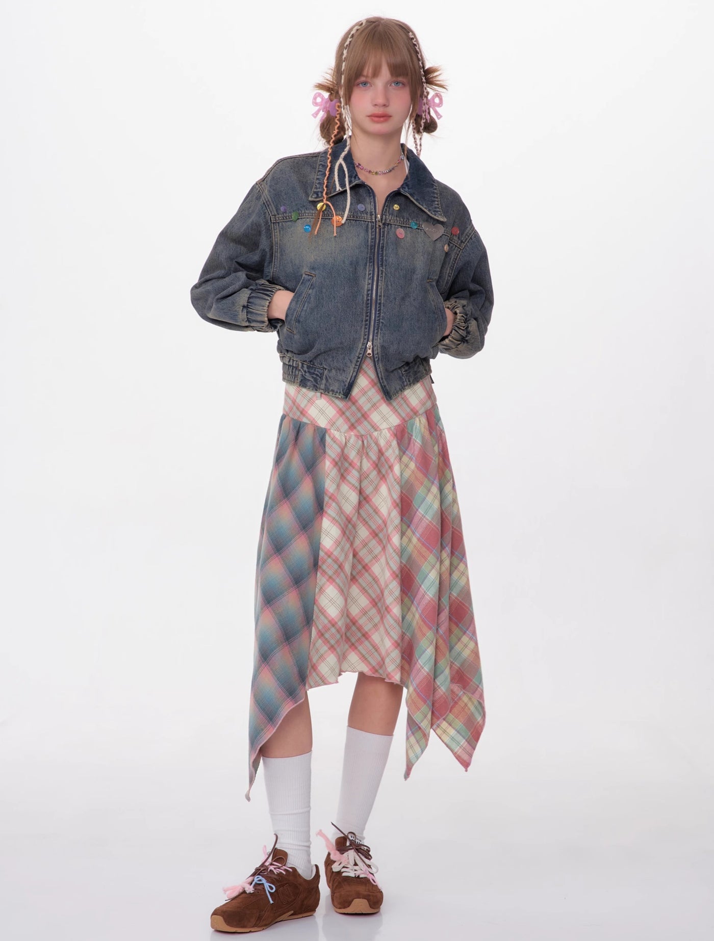 Contrast Color Stitching Plaid High Waist Pink Plaid Skirt ZIZ0113