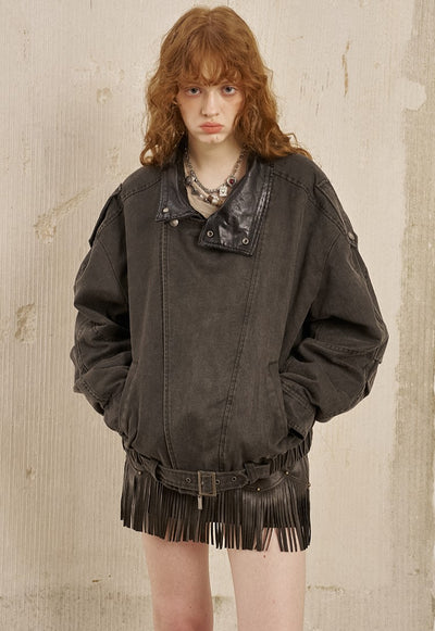 Leather Collar Stitching Denim Retro Jacket DID0222