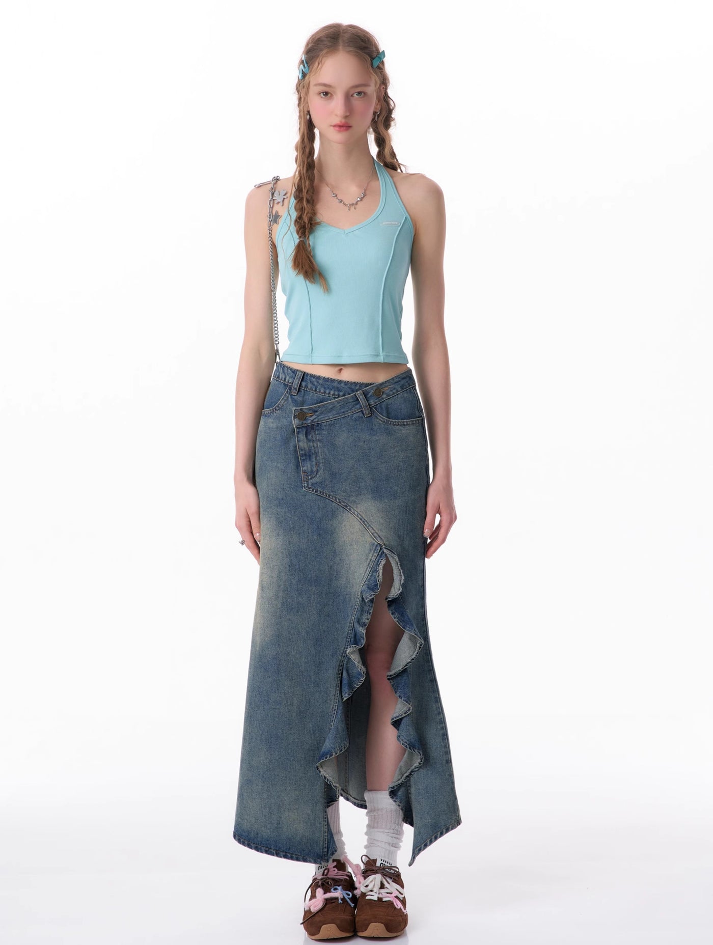 American Retro High Waist Slim Mid-length Split Denim Skirt ZIZ0082