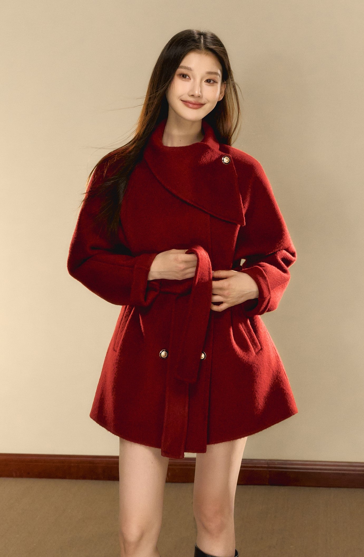 Multi-color Woolen Gold Button Belt Double-sided Coat OSH0074