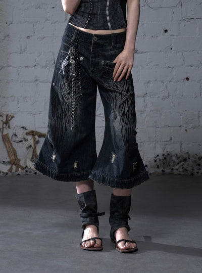 Punk Embroidered Wings Cropped Jeans NOR0177