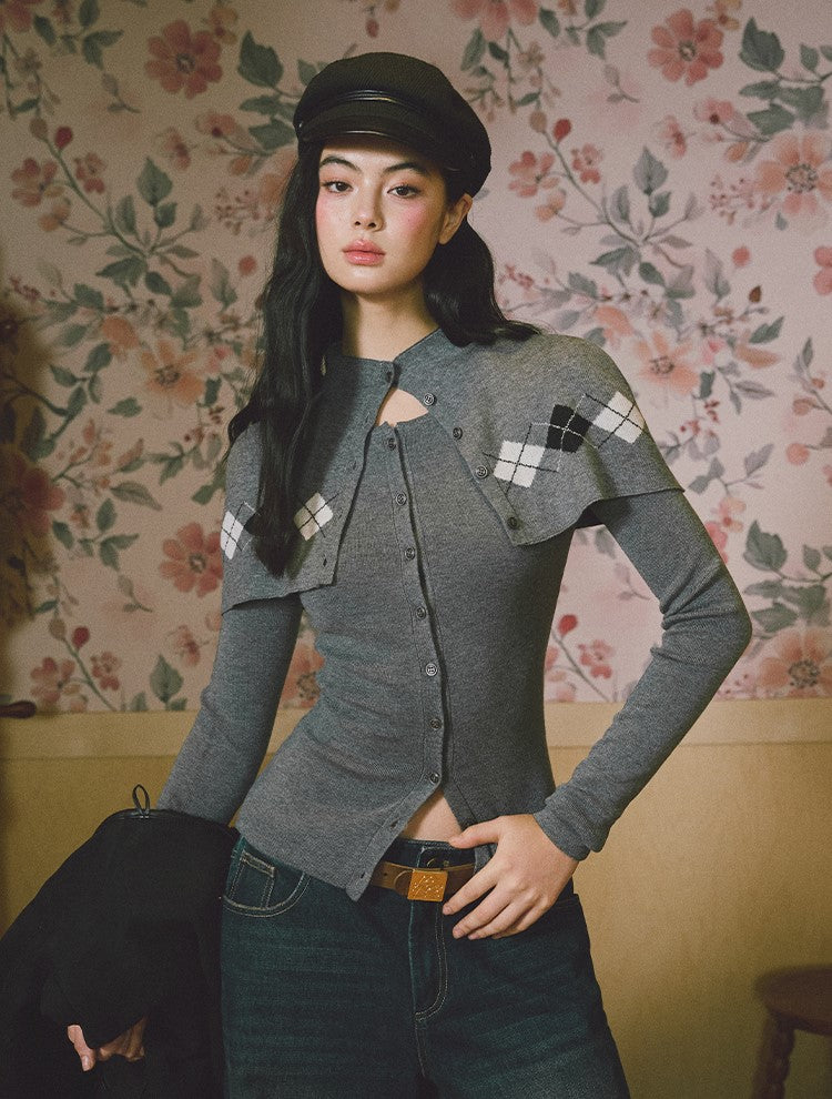 Argyle Design Long-Sleeved Knitted Cardigan LAL0230