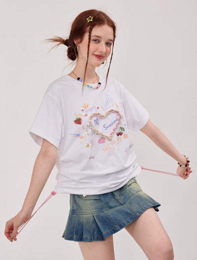 Drawstring Round Neck Three-dimensional Love Print Short-sleeved T-shirt ZIZ0116