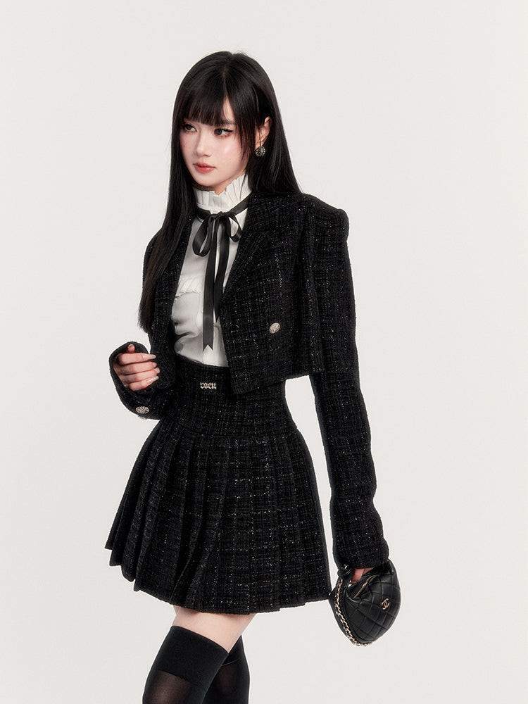 White Shirt/Suit Tweed Jacket/Pleated Skirt VOC0264