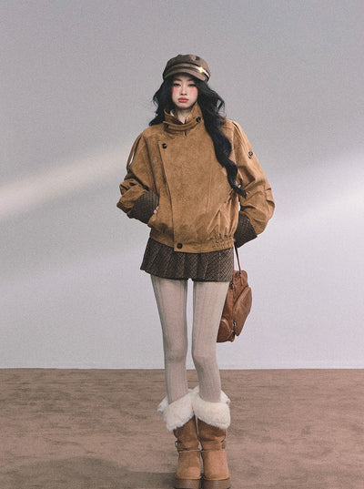 Hazelnut Velvet Suede Jacket/Pleated Skirt DIA0604