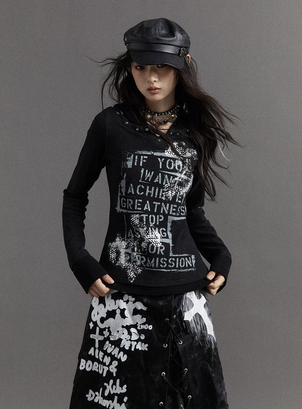 Retro Punk Street Print Hooded Slim Fake Two-piece Top NOR0116