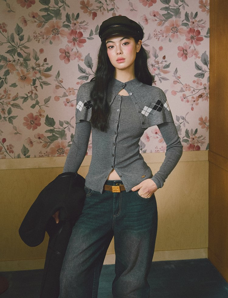 Argyle Design Long-Sleeved Knitted Cardigan LAL0230