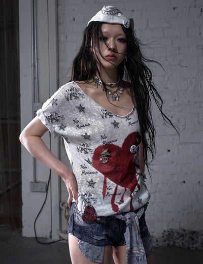 Casual Print Large Neckline Loose T-shirt NOR0176
