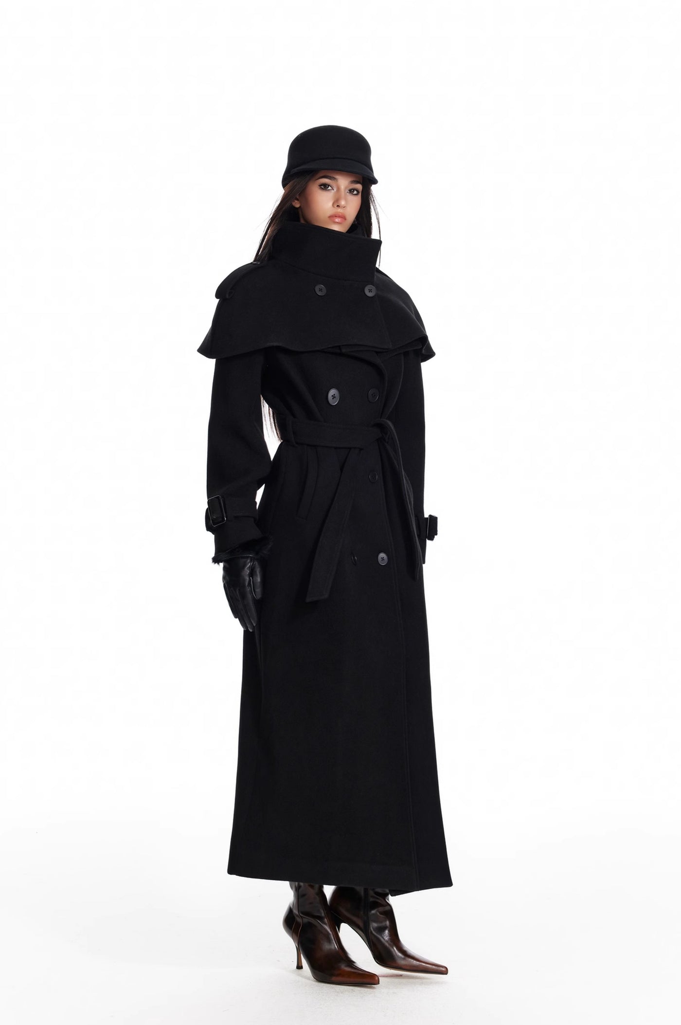 Black Detachable Cape/Woolen Long Coat 4MU0073