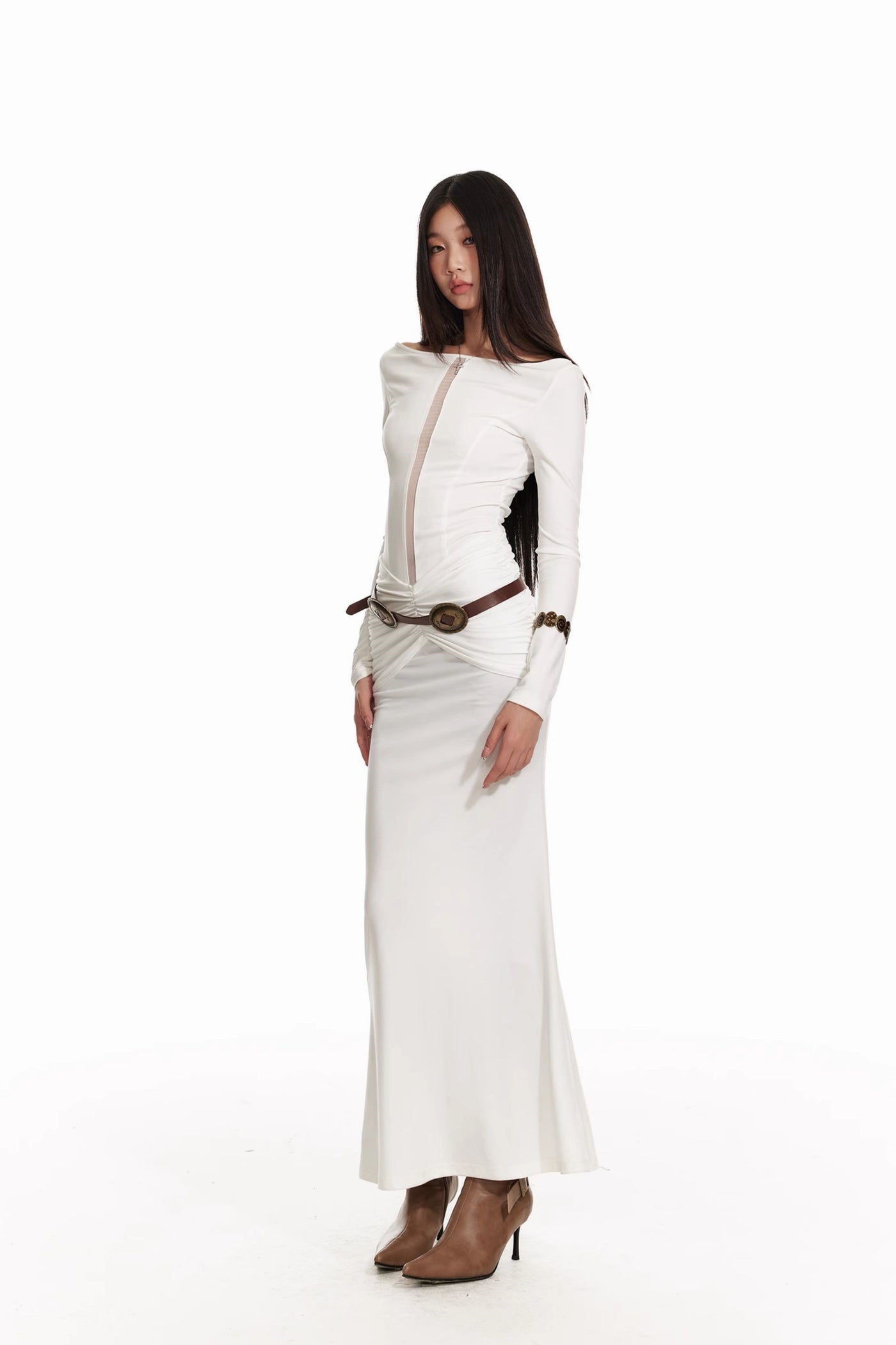 White Church Style Pleated Waist Slim Long Dress/Shawl 4MU0063