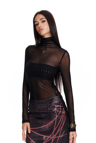 Diamond Cross Design High Collar See-through Mesh Long-sleeved Top 4MU0078